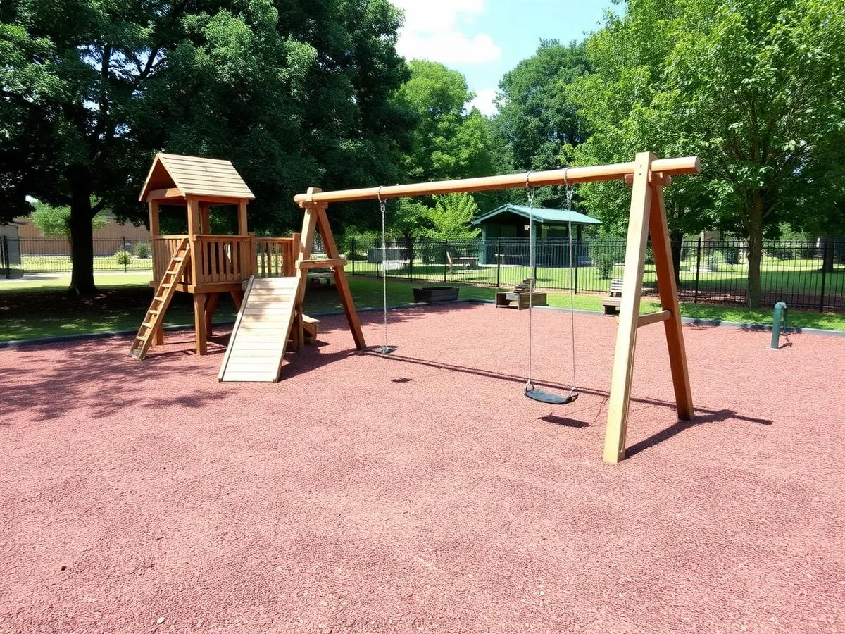 Outdoor playground with wooden climbing structure and swings